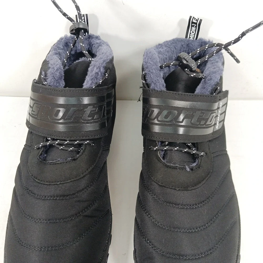 Sport Mens Black Faux Fur Lined Winter Snow Boots Quilted Bungee Strap Size 43